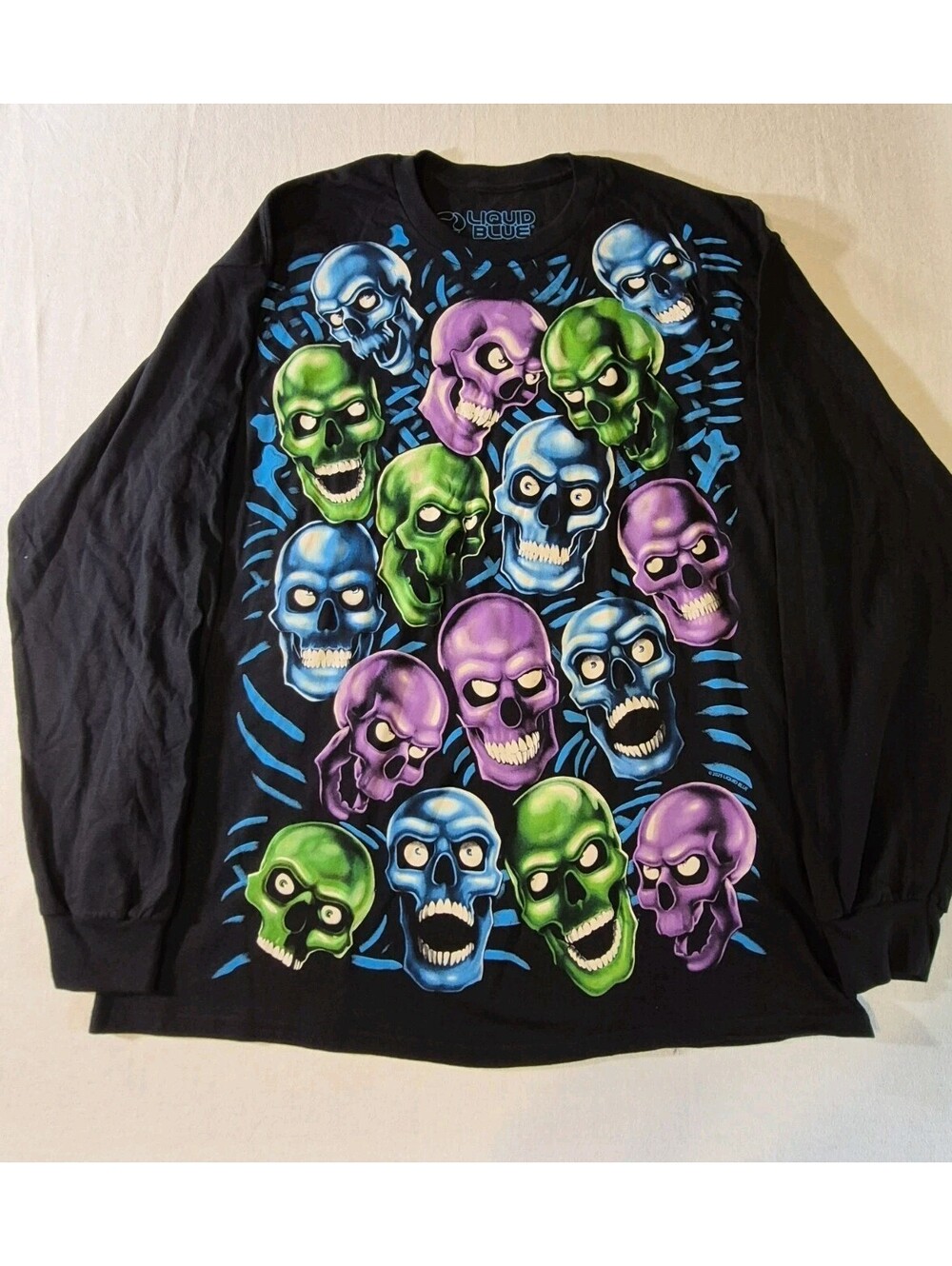 SKULL PILE Liquid Blue GLOWS IN DARK Long Sleeve Graphic Shirt Sz XL Modern